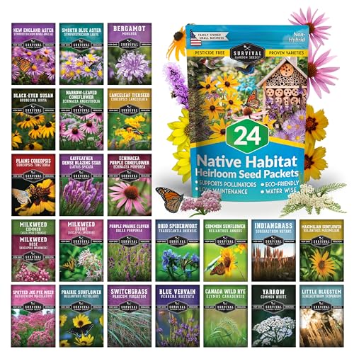 Native Plant Seeds for Planting 24 Variety Pack – Perennial & Annual North American Wildflowers for Butterfly & Bee-Friendly Pollinator Gardens – Non-GMO Heirloom – Survival Garden Seeds