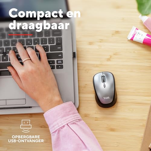 Trust Stille Draadloze Muis met Batterij, Links- en Rechtshandig Gebruik, 800-1600 DPI, 83% Gerecycled Materiaal, Opbergbare USB-microreceiver, Compacte Wireless Mouse Computer, Laptop, Mac - Afbeelding 6