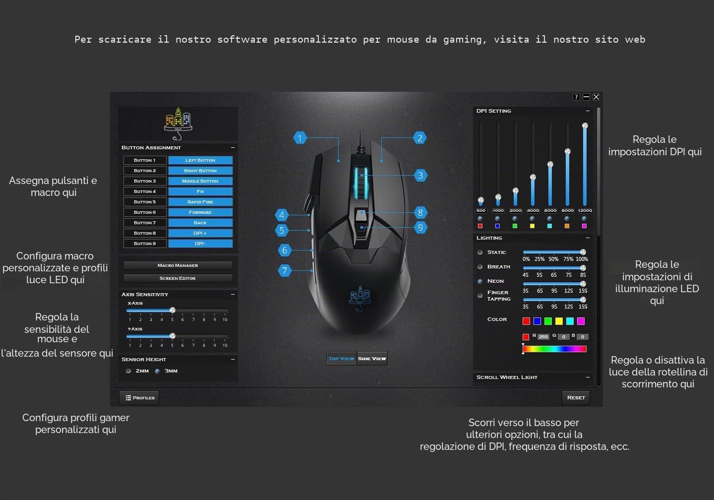 MOJO Pro Performance Mouse Cablato Silenzioso da Gioco w/9 Pulsanti programmabili incluso il Tasto Cecchino (Rapid Fire), 12000 DPI, 1000 Hz, Pulsanti Regolabili in Forza, Profili Personalizzati