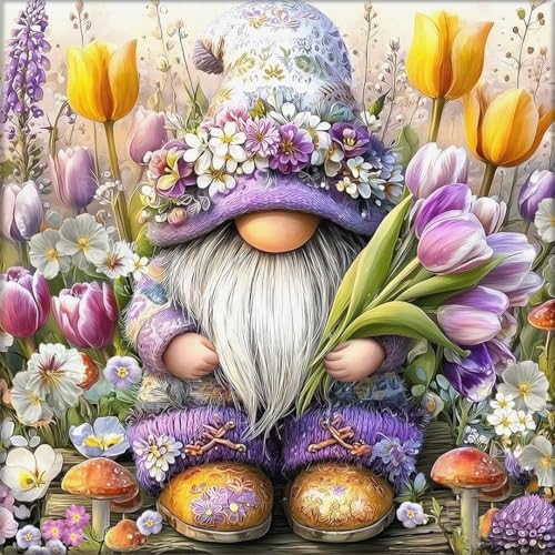 Bzconxin Gnome Diamond Art Kits for Adults Flowers Diamond Painting Kits for Beginners Round Full Drills Diamond Dots Gem Art for Home Wall Decor 13.8x13.8 Inch