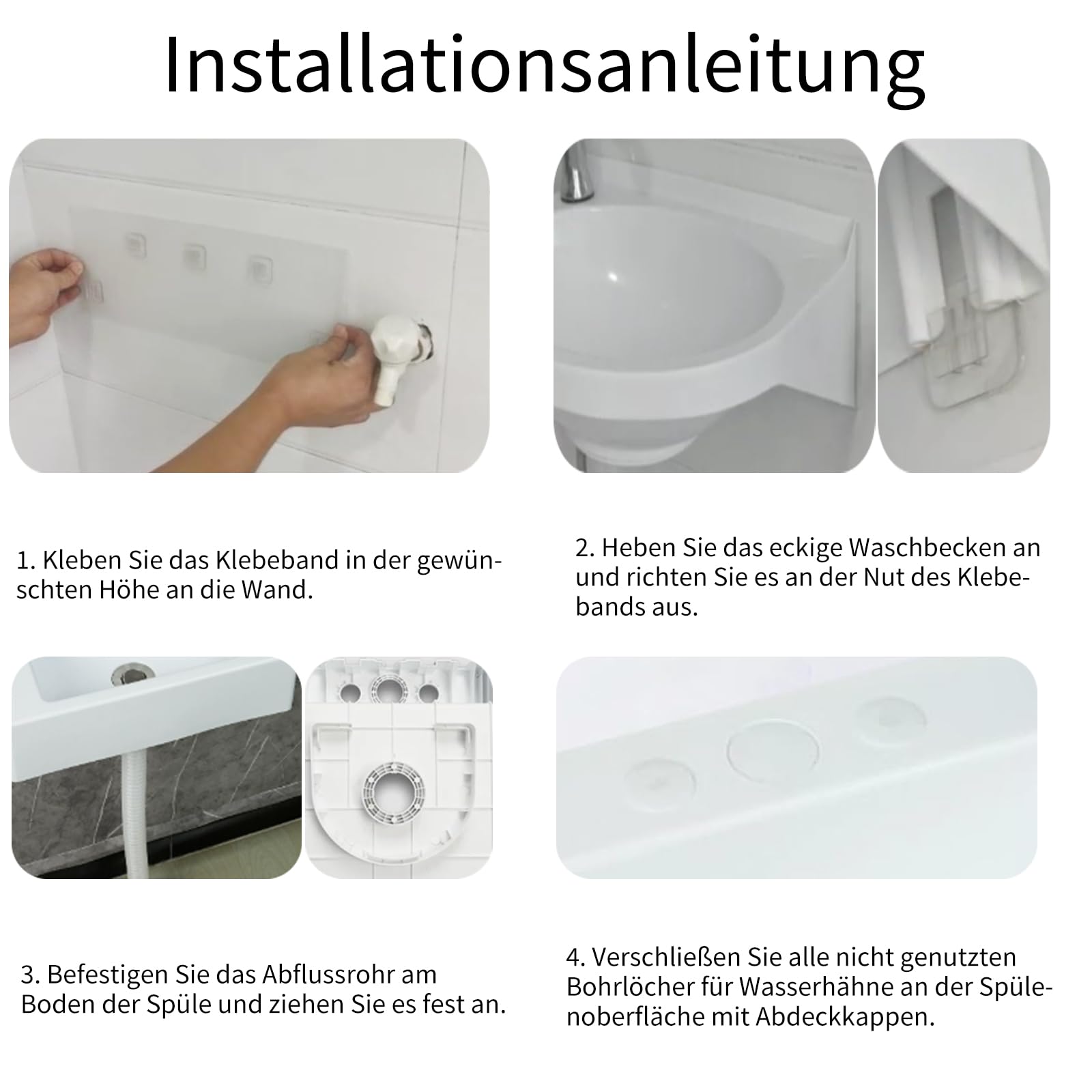 Fregadero rectangular simple, pequeño lavabo blanco, lavabo de plástico montado en la pared, blanco, apto para uso en interiores y exteriores [tubo de drenaje de cabeza de plástico de 75 cm]