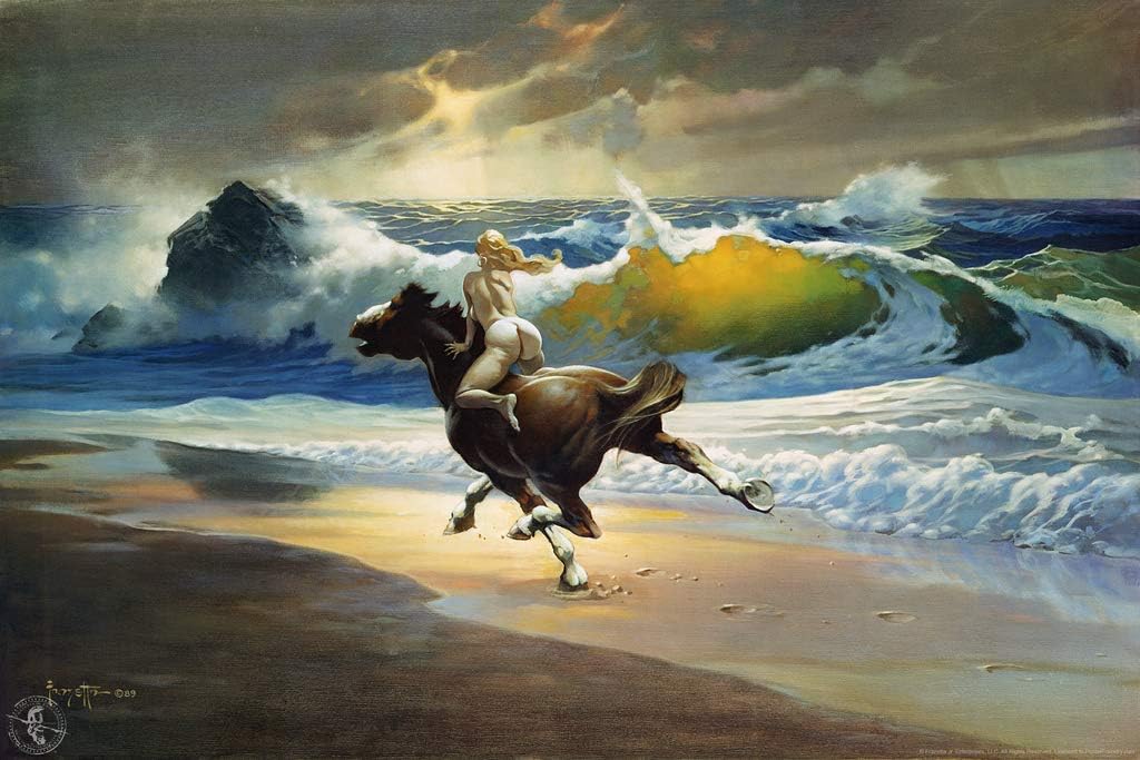 Wild Ride by Frank Frazetta Wall Art Gothic Fantasy Decor Frank Frazetta Artwork Beach Art Prints Wave Battle Posters Frazetta Illustration Woman Horseback Cool Wall Art Print Poster 24x36