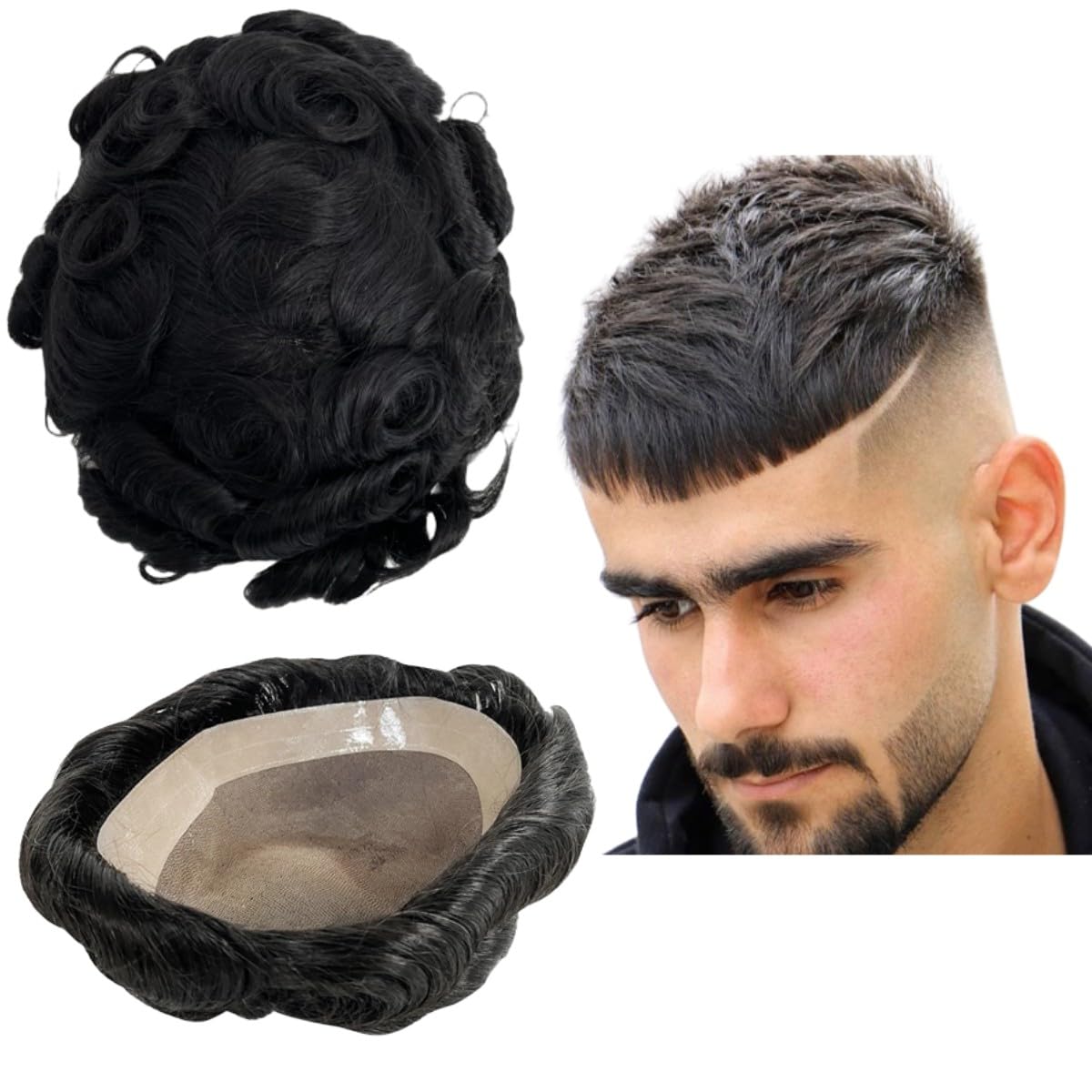 Toupee per Uomini con Base Mono e NPU - Sistema di Sostituzione Capelli Umani - Parrucca Ricci per Uomo Freestyle