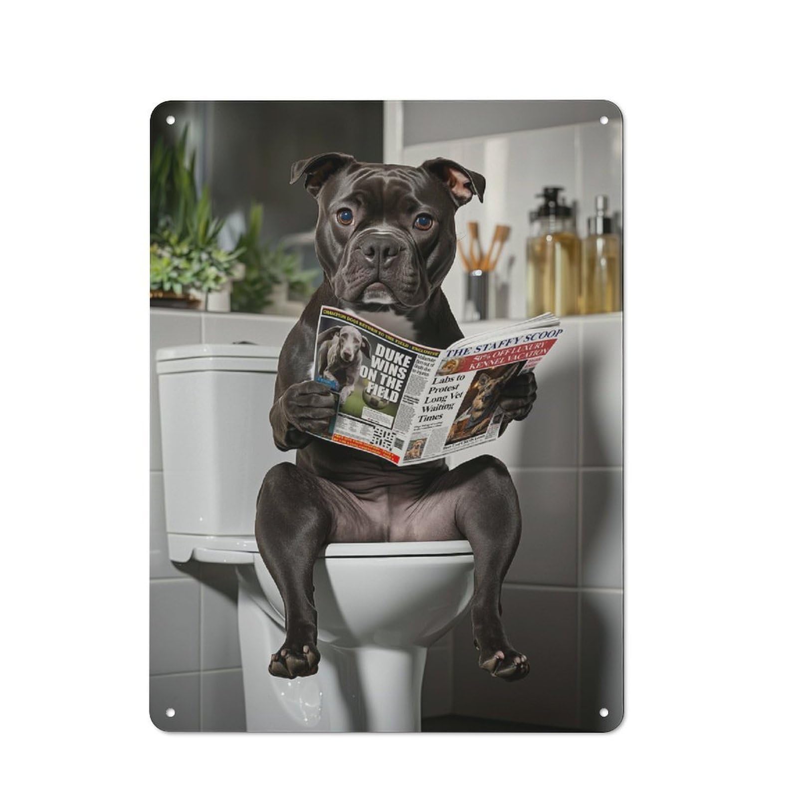 Junmoney Staffy Dog Reading Newspaper On Toilet Metal Plaque 40X30cm With For Hallway Wall, Rustic Decor, For Garage, Workshop And Man Cave Decoration