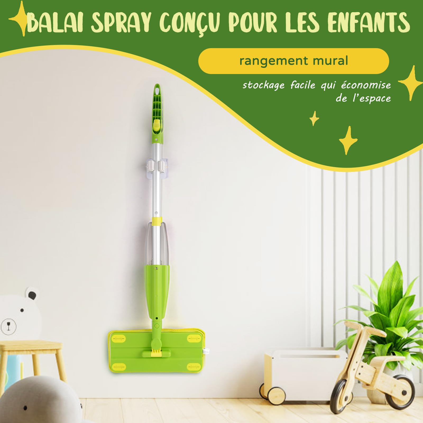 Balais Serpillère Jouet avec Vaporisateur Pour Enfants - Nettoyage Montessori avec Fonction de Pulvérisation Réelle et 2 Tampons Lavables I Kit Menage Enfant, Jouets d'imitation pour Enfants dès 3 Ans
