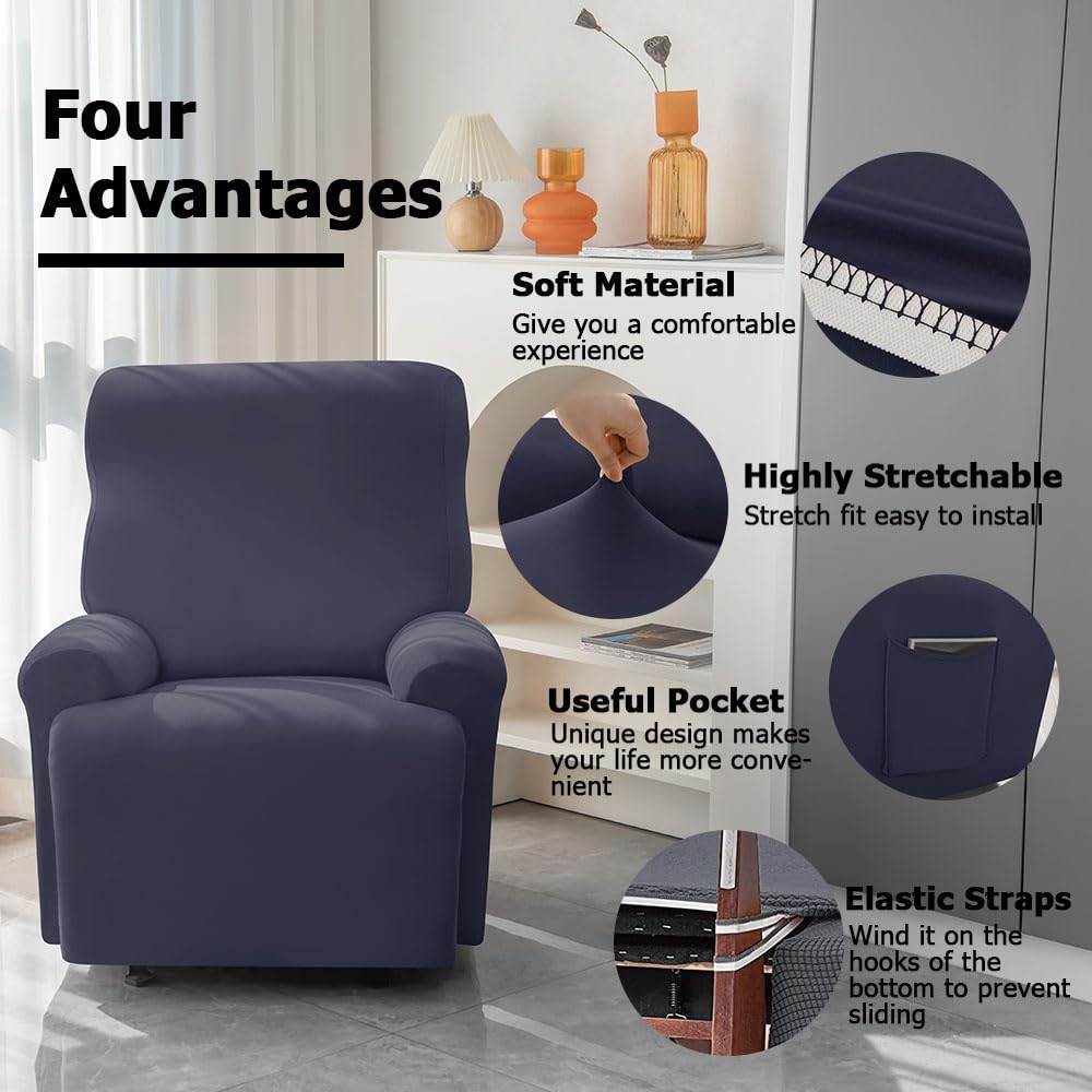 Funda elástica suave para silla reclinable, antideslizante, protector de sofá con bolsillos laterales, protector de muebles para sillas reclinables (azul marino, 2 plazas)