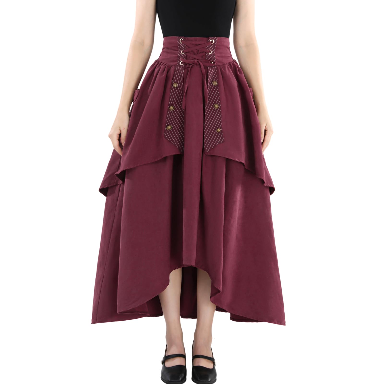 Fiamll Steampunk Women's Skirts Waist Belt for Women Retro Gothic Vintage Ruffle Pirate A-line Skirt with Pockets