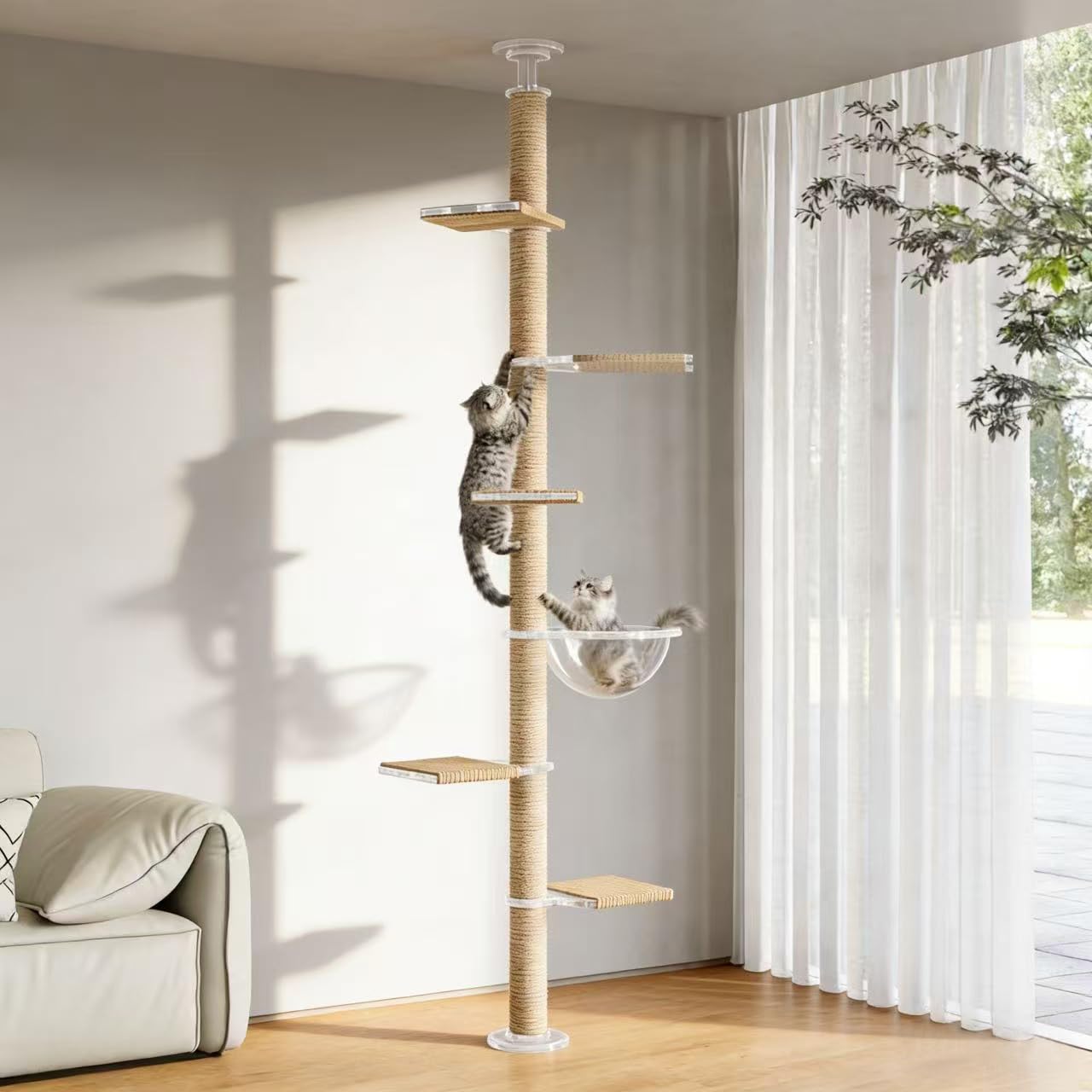 Floor to Ceiling Cat Tree, Acrylic Top Support PlateTall Cat Tower Natural Sisal Rope Scratching Post, Adjustable Height 55-103 Inches, Multi-Platform Activity Center