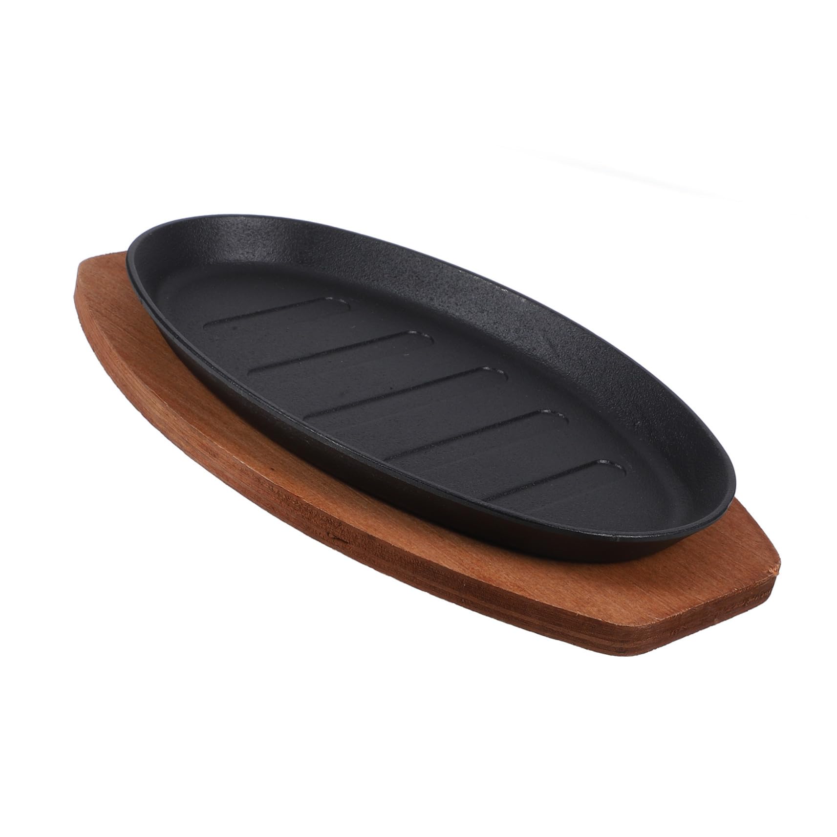 Poêle à griller Homoyoyo en fonte avec plateau bois pour viandes et poissons de restaurant