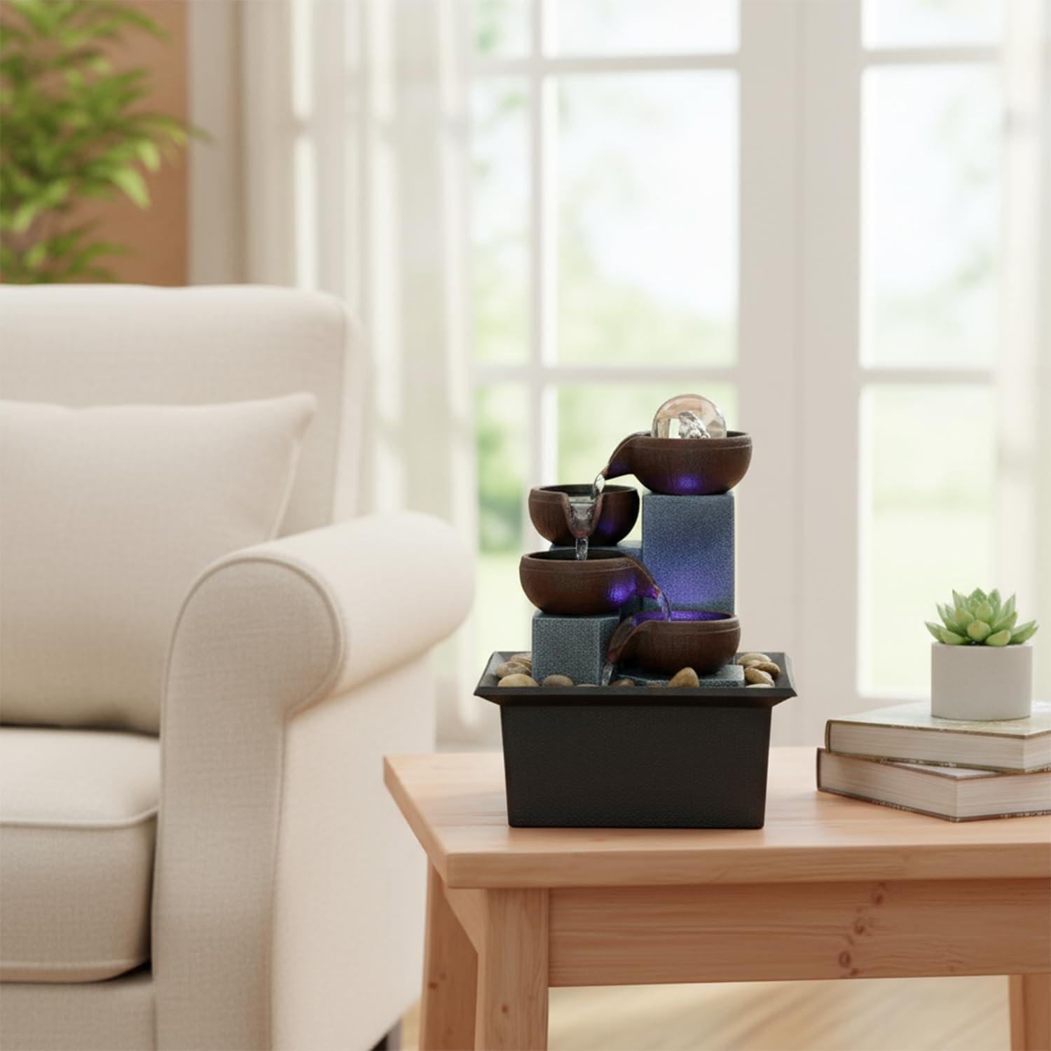 Pequeña fuente de agua para interiores, función de cascada de meditación zen con bomba automática y rocas naturales de río, fuente de cascada de mesa para oficina, sala de estar, dormitorio, 7.4