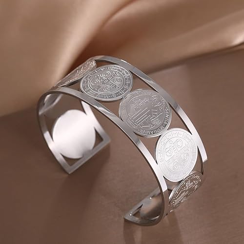 Miniatura 4 de Cross St. Benedict Christian Bracelet, Virgin Mary Catholic Stainless Steel Cuff Bangle