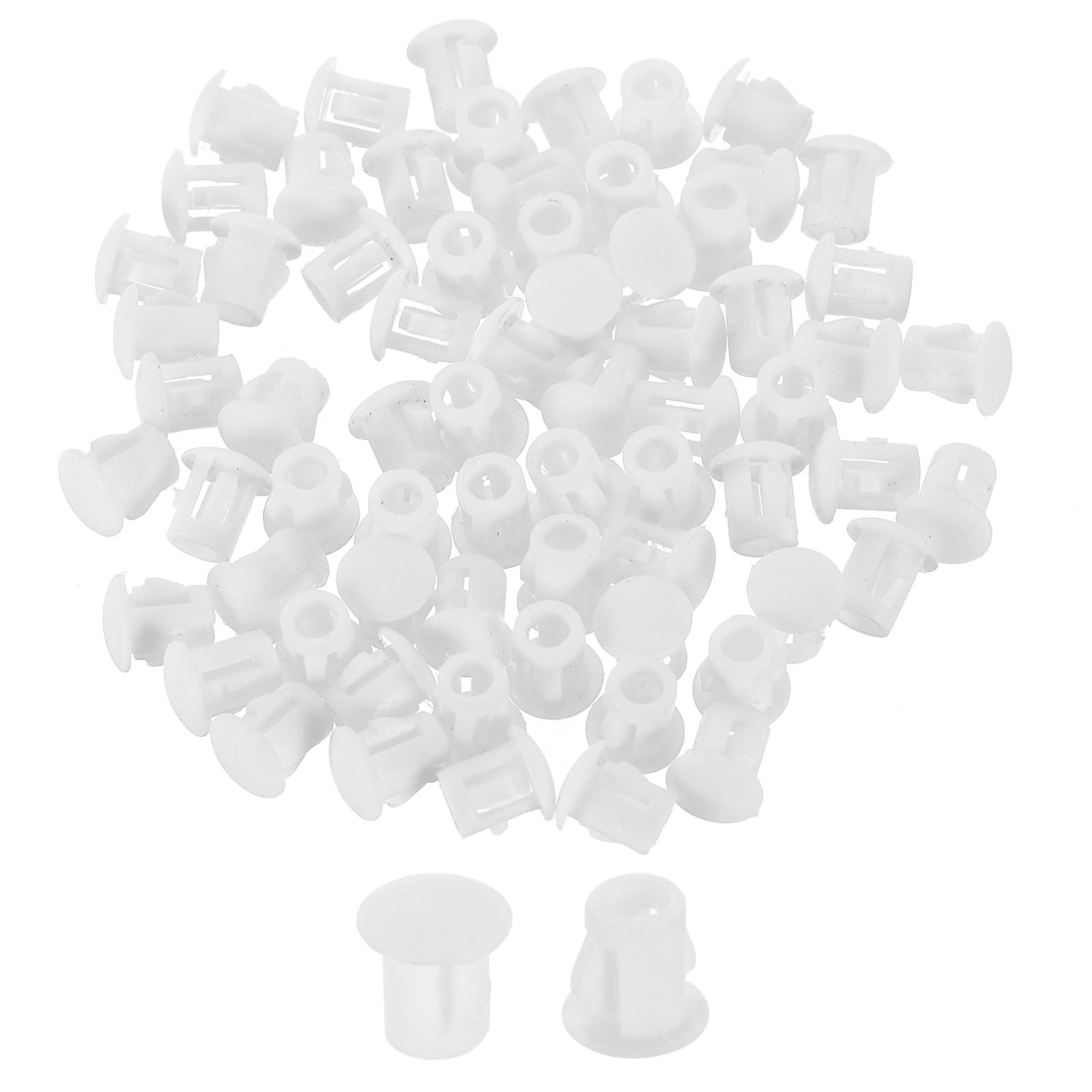 sourcing map 70Pcs Plastic Hole Plugs, 5mm(3/16") Flush Type Panel Plugs, Round Snap Knockout Locking Plugs for Furniture Insert End Caps Panels, White
