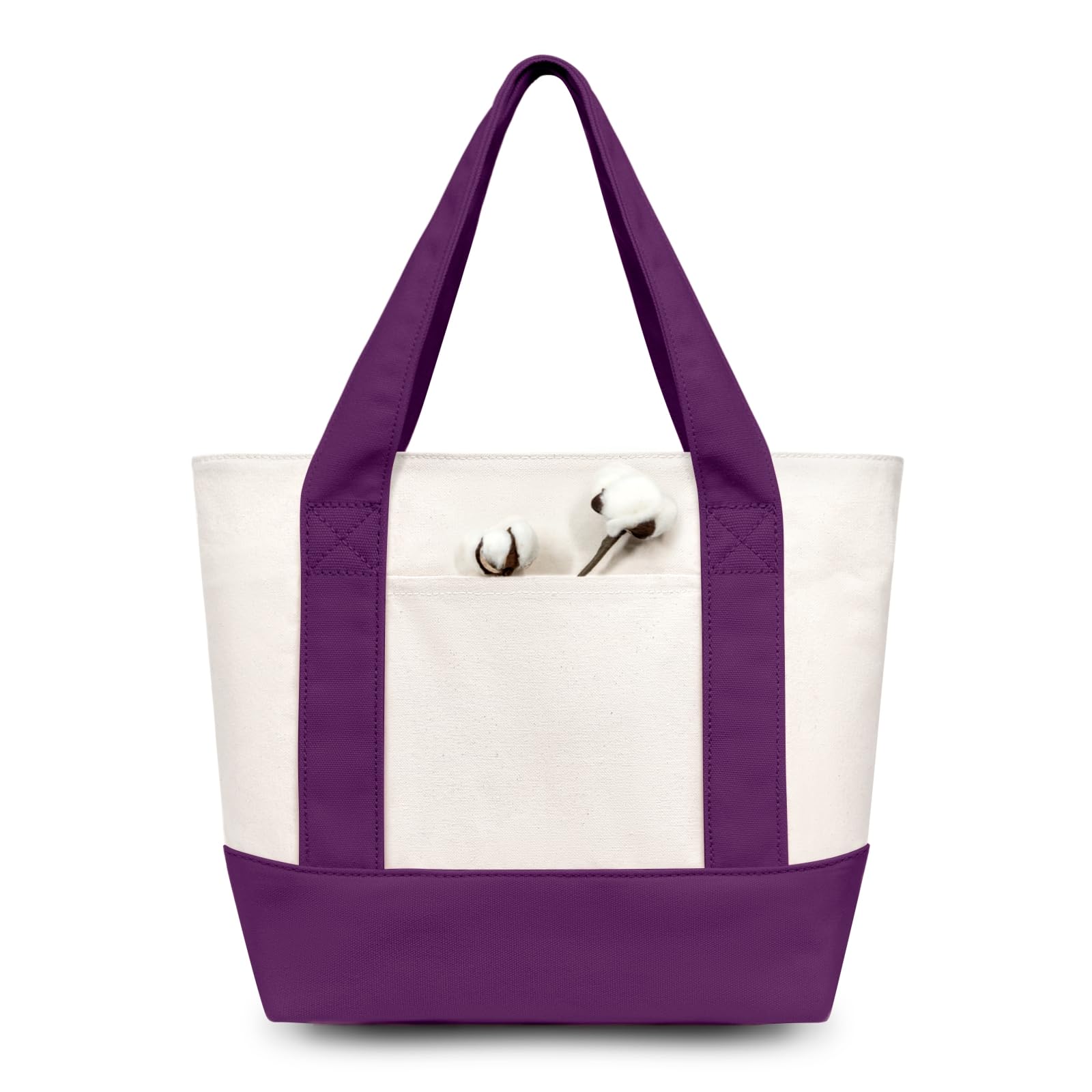 TOPDesign 6-Pack Small Canvas Tote Bags with an External Pocket, Reusable Bags, Top Zipper Closure, Daily Essentials (Purple/Natural)
