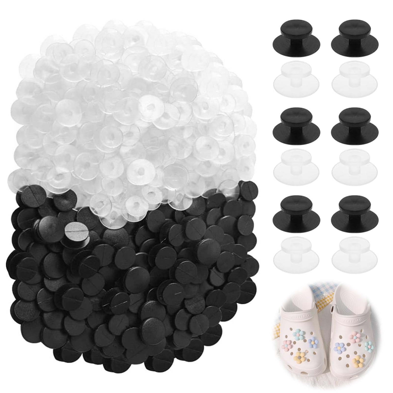 GurfzcyuooBuckle Plastic Button, 200 PCS Black and Transparent Buttons Charm Backs Accessories for Kids, Wristband Charm Backs for DIY Shoes Charm Backs Accessories