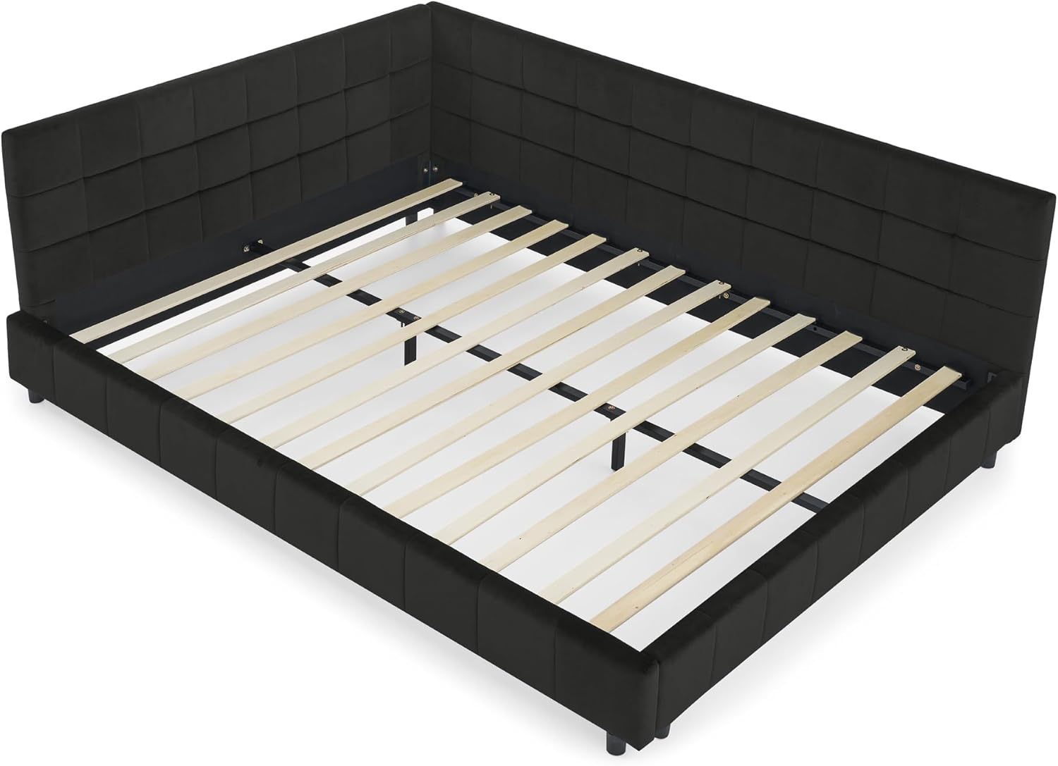 DEINPPA Queen L-Shape Corner Bed Frame, Velvet Upholstered Tufted Daybed with Slat, Floor Platform Bed with Soft Headboard for Bedroom Nook, No Box Spring Needed-Black