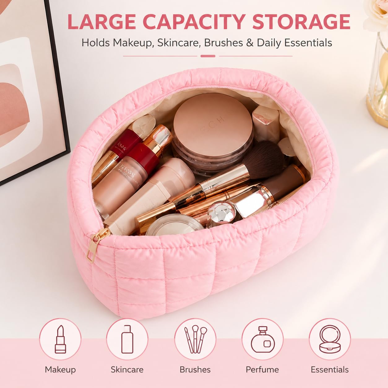 SWIREUK Quilted Makeup Bag Quilted Cosmetic Bag Cute Puffer Toiletry Checkered Pouch Aesthetic Travel Makeup Brushes Organizer, Champaign Gold, Classic