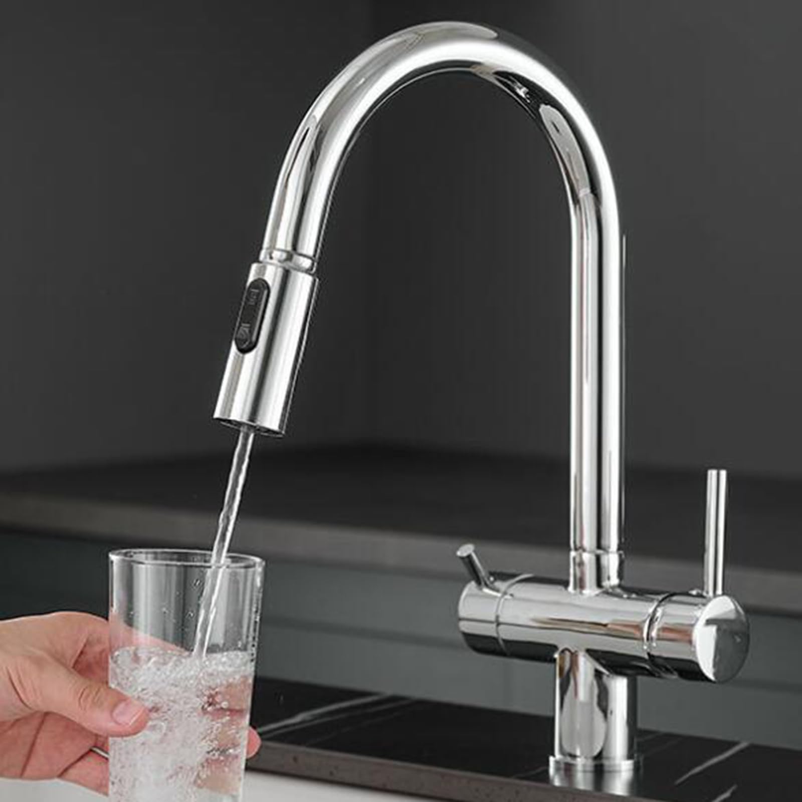 ZQFHSX Kitchen Mixer Taps 3 Way Pull Out Swivel Brass 2 Handles Purified Water
