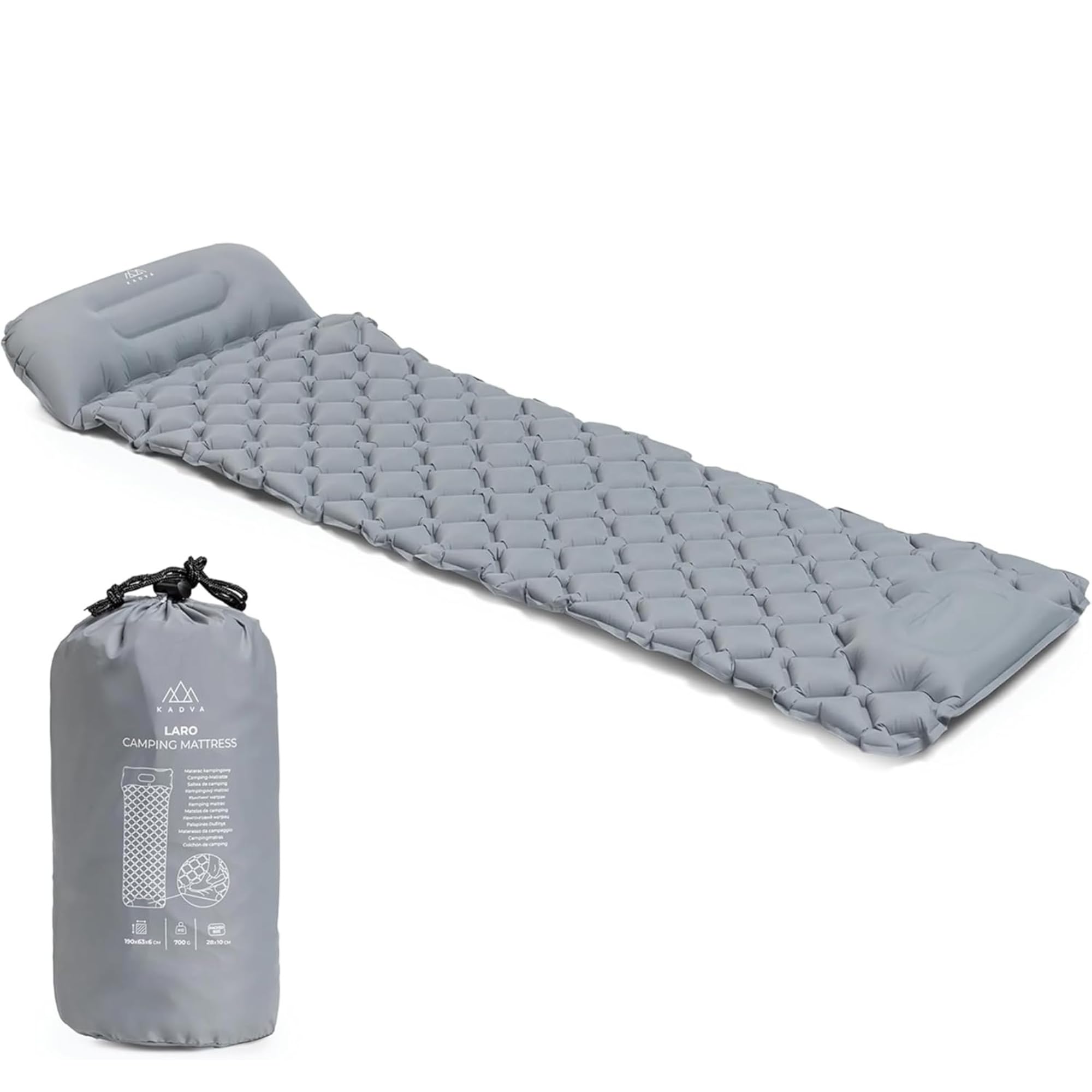 KADVALaro Mattress Comfortable Lightweight and Compact Sleeping Mattress with Integrated Pump Durable Materials Comfortable Transport Ideal for Camping and Hiking Colour Grey
