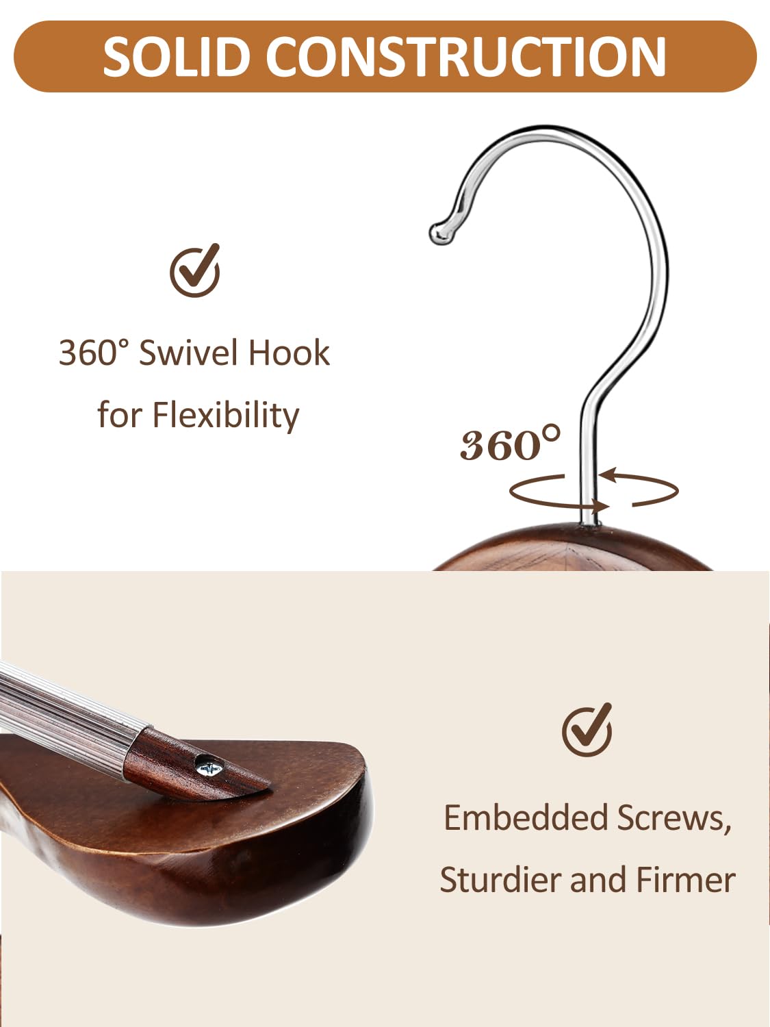AMKUFO Perchas de madera de hombro ancho, paquete de 8 perchas con barra antideslizante para pantalones, perchas de madera resistentes con acabado suave, gancho giratorio de 360° para suéter, chamarra