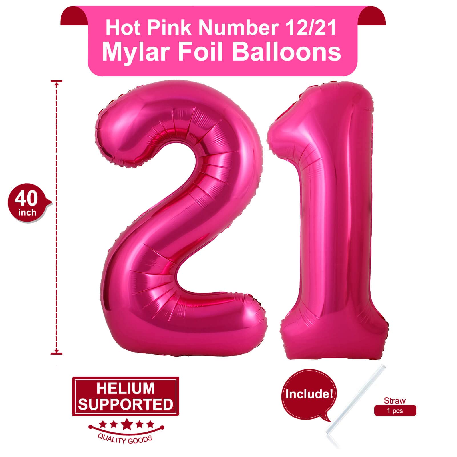 40 Inch Hot Pink 21 Number Balloons Giant Jumbo Huge 12 or 21 Foil Mylar Helium Number Balloons Dark Pink Birthday Mylar Digital Balloons 12th 21st Birthday Anniversary Events Party Decorations
