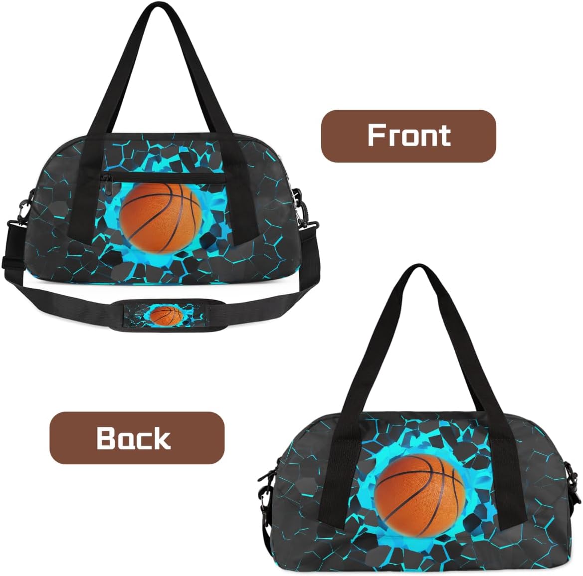 Gym Travel Duffle Bag for Boys - Blue 3D Basketball Kids Overnighter Weekend Bag with Front Zipper Pocket for School Practice, Teens Carry-On Size Sleepover Bags - Image 4