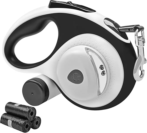 Correa retráctil para perro con luz, correas de 16 pies con bolsa de excrementos y soporte, un botón de rotura y bloqueo, 360 sin enredos, agarre