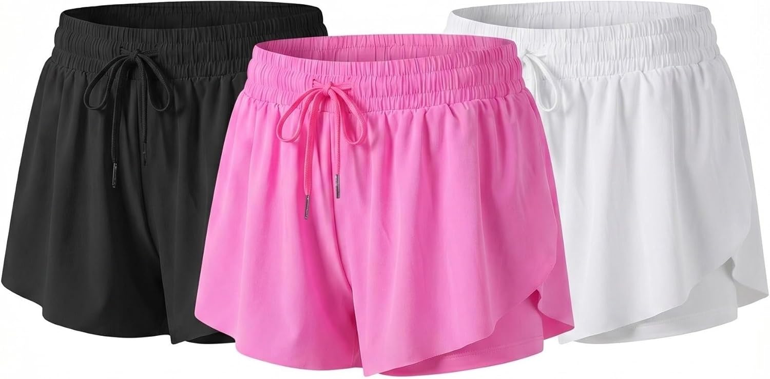 Yknktstc 3 Pack Womens 2 in 1 Flowy Running Shorts with Pockets Gym Yoga Athletic Workout Biker Spandex Lounge Sweat Skirt