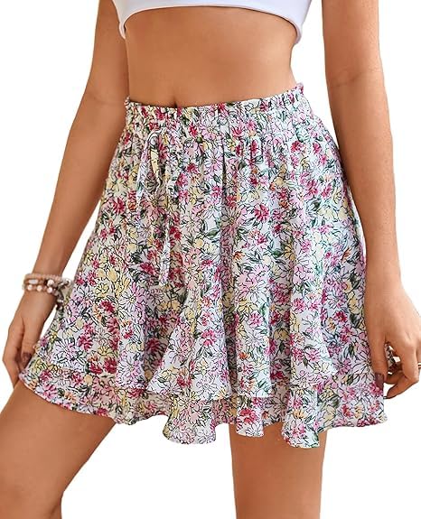 BDTECAOR Rüschen Rocke Damen mit Shorts Darunter Modische Flowy Skorts Damenshorts Bequeme Blumenrosa XL