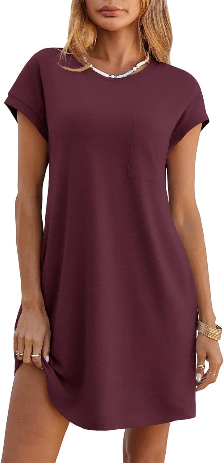 Wenrine Womens Summer T Shirt Dress Casual Short Sleeve Crewneck Loose Flowy Mini Dresses with Pockets