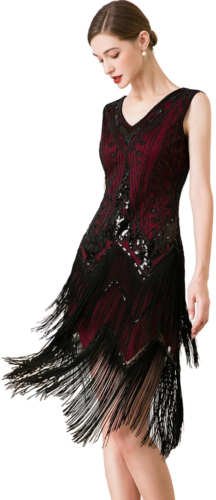 Women Flapper Dresses 1920s V Neck Beaded Fringed Great Gatsby Club &amp; Night Out Dresses
