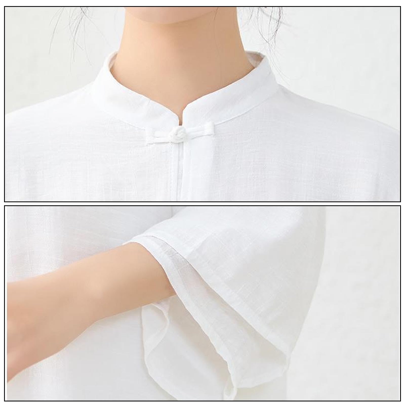 Vêtements de Tai Chi pour Femme en Soie et Lin Uniforme de Kung Fu Style Chinois Méditation Zen Décontracté Manches Trois-Quarts Tenue D'exercices du Matin pour Femme,White-XXL