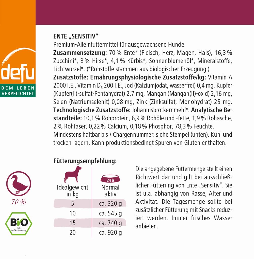 defu Hundefutter | 12 x 410 g | Bio Ente Sensitiv | Premium Bio Nassfutter Menü | Alleinfuttermittel für Hunde