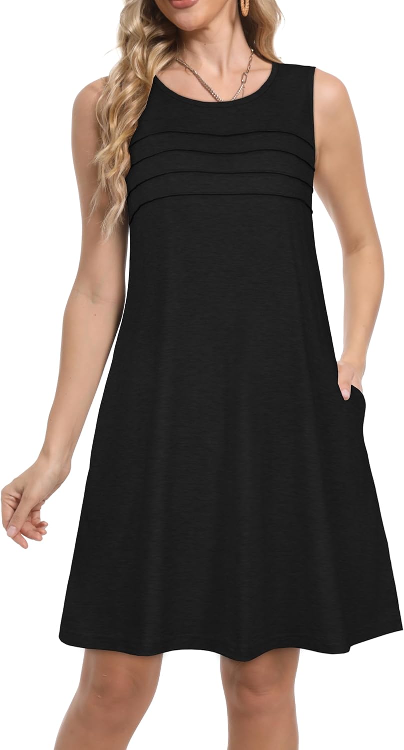 Sundresses for Women Casual Summer Pleated Front Loose Sleeveless Tank Dress with Pockets - Image 4