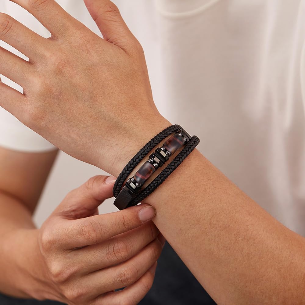 Mens Leather Bracelet Natural Tiger Eye Protection Multilayer Braided Wristband Bangle Gifts for Him