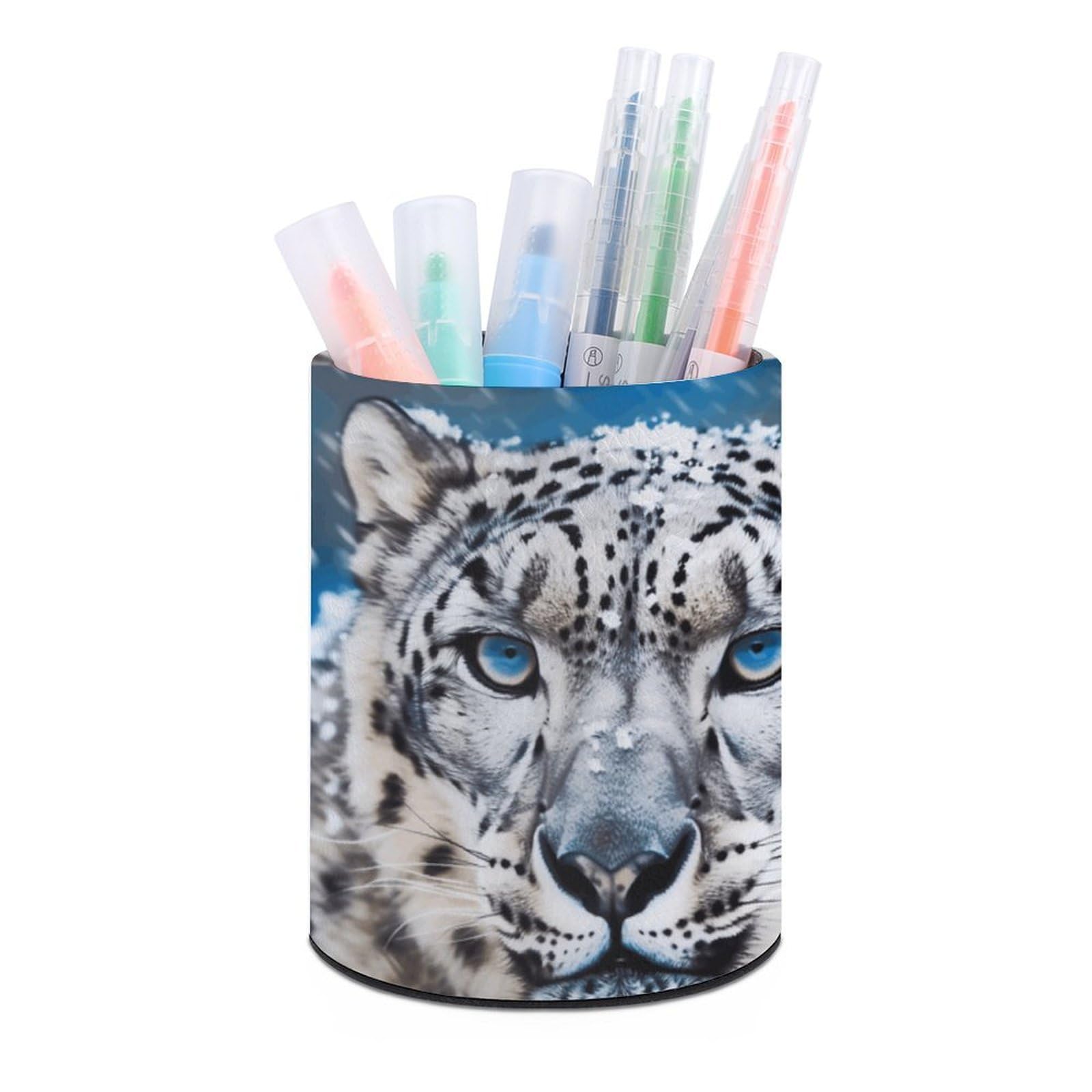 VstaDank Blue Eyed Snow Leopard Pen Holder PU Leather Pencil Cup Minimalist Desk Pencil Holder Round Make Up Brush Organizers For Office Dorm Room&Vanity Desk Accessories