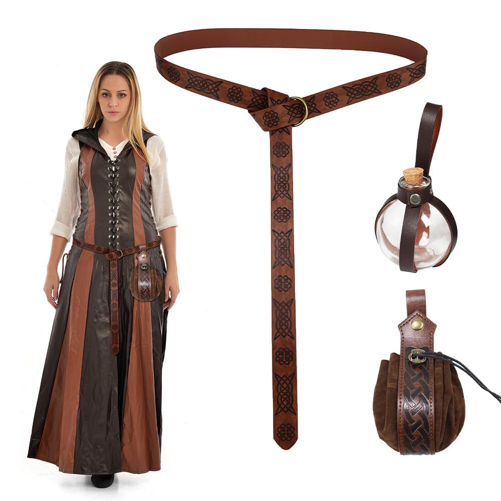HIULLEN Traje de nigromante de Halloween, ropa medieval para mujer y hombre, 250 ml, botella de poción mágica, cinturón medieval, cinturón, accesorios, juego para cosplay, pirata, bruja, disfraz