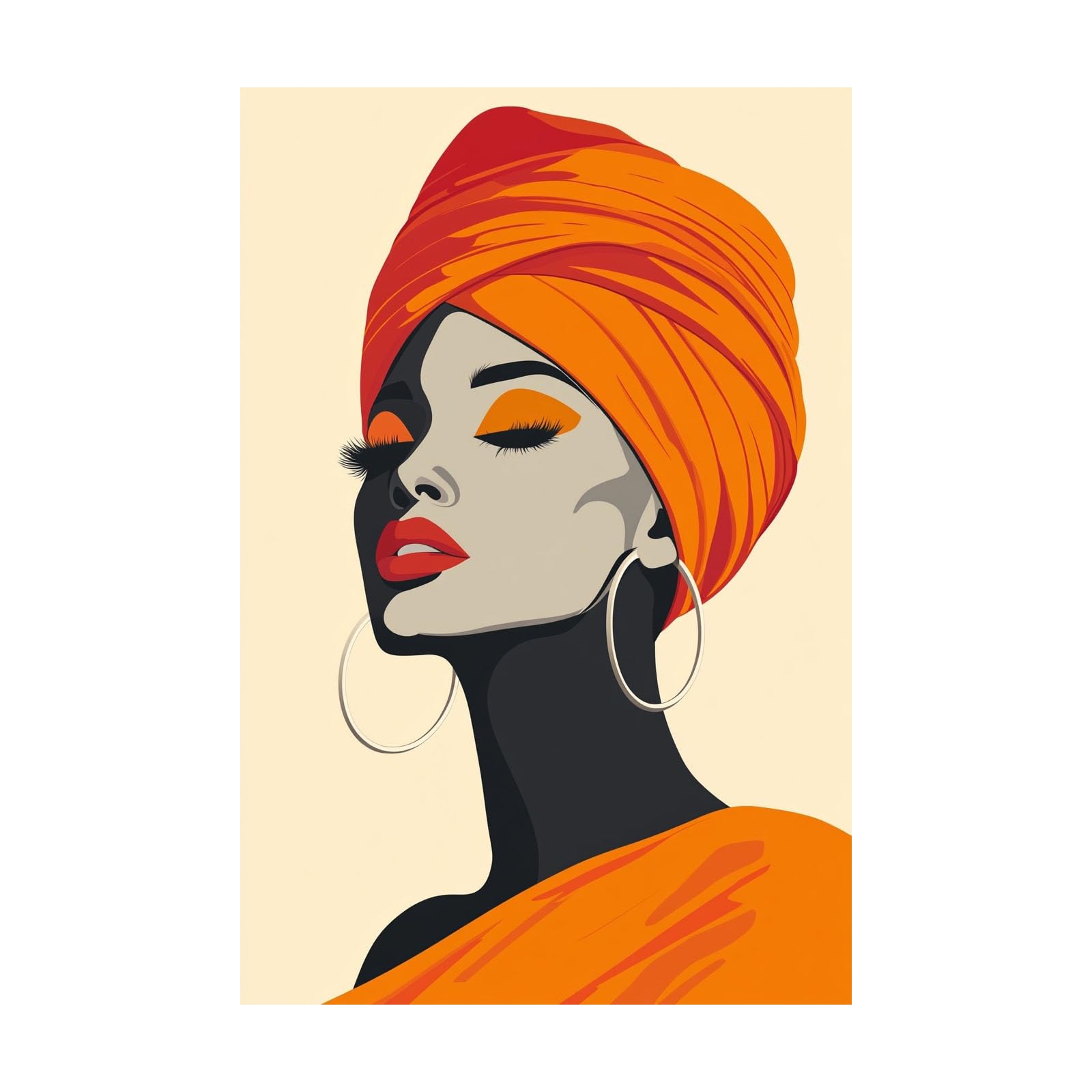 TERUEA Abstract Girl Painting Prints Woman Canvas Pictures Woman with Orange Turban Portrait Retro Painting Bathroom Wall Decor,(Orange)-70x100cm Unframed