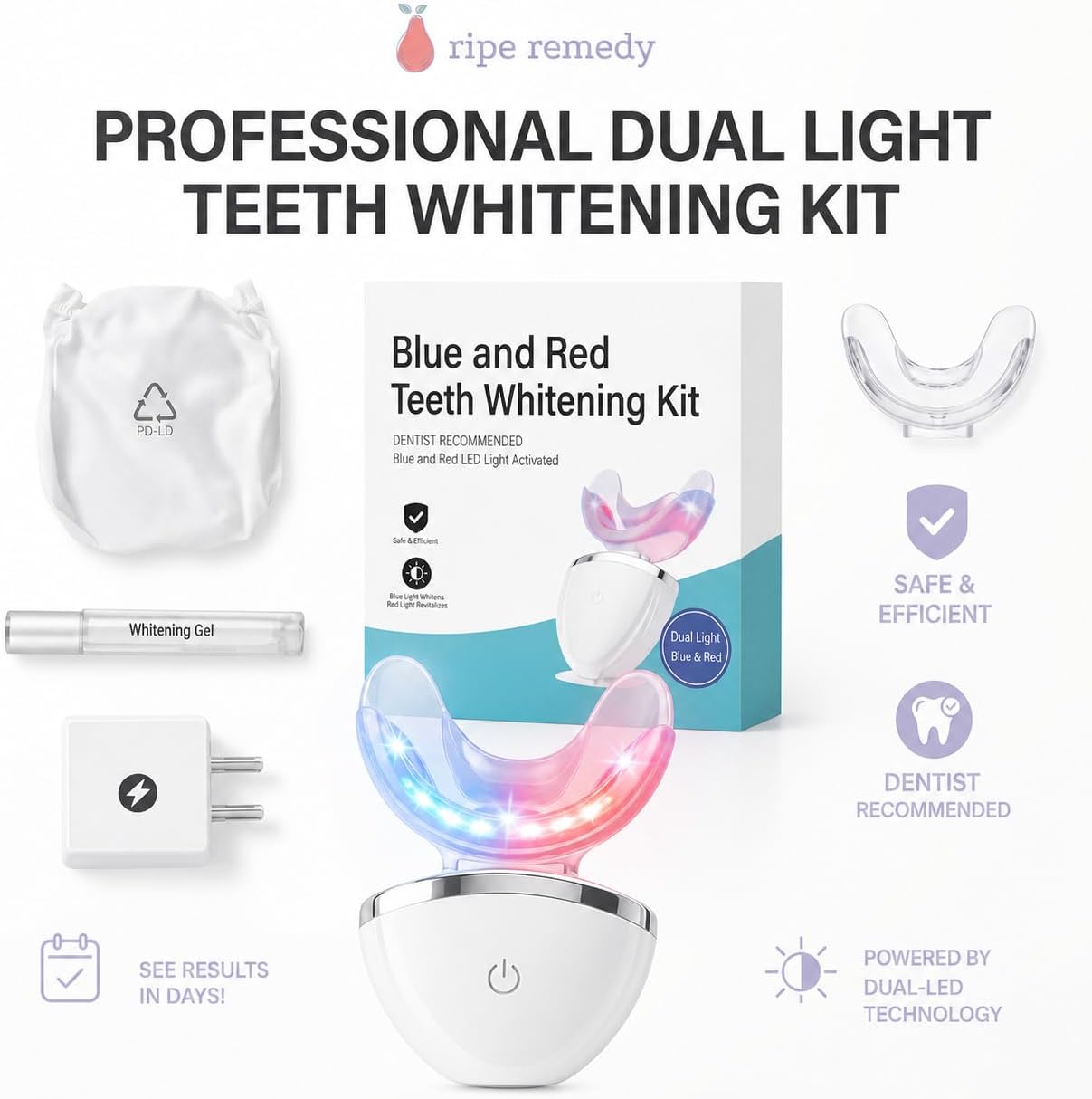 Ripe Remedy Gum Light Red & Blue Light Therapy for Gums, Suitable for Toothache Relief, Bleeding Gums, Whitens Teeth with Blue Setting - with Storage Case and Gel Pen Included