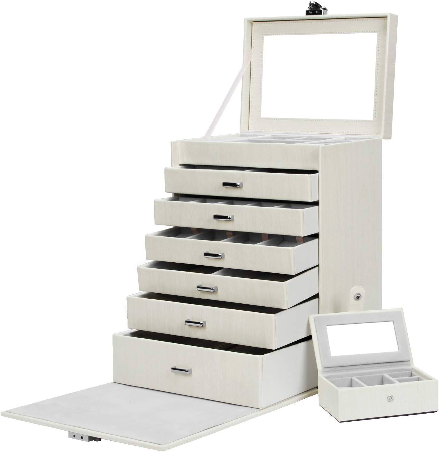 Yorbay Lockable Jewellery Box with Mirror 7 Drawers and Removable Mini Box, for Necklaces, Watches, Rings, Bracelets, Earrings, White Reusable