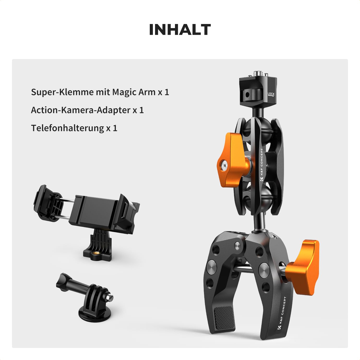 K&F CONCEPT MS13 Magic Arm mit Super Clamp,Super Klammer mit 360°Kugelkopfarm,Kamerahalterung Kompatible mit Blitzlicht/DSLR Kamera/Stabilisator,klemmstativ mit Handyhalterung