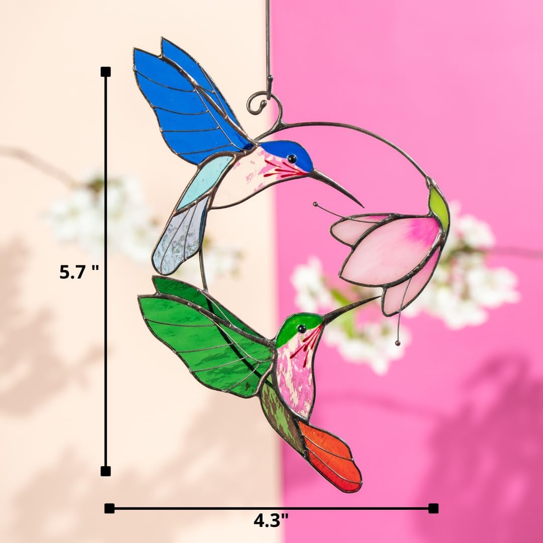 Hummingbird Cardinal Birds Stained Glass Suncatcher Genuine Stained Glass Window Hangings Unique Indoor Ornament & Outdoor Decor (Pair Flying Hums)