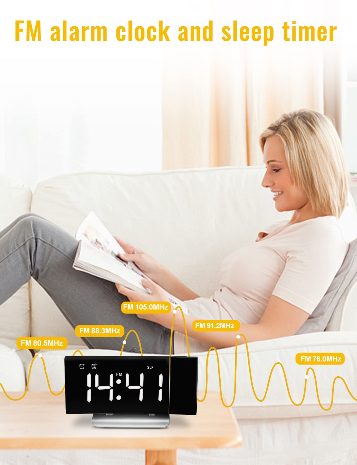 TAKRINK Sveglia da Comodino con Proiettore Ruotabile di 180 Gradi Sveglia Digitale Luminosità Regolabile Sveglia con Proiettore 12/24H Display LED Doppia Sveglia Snooze FM Radio