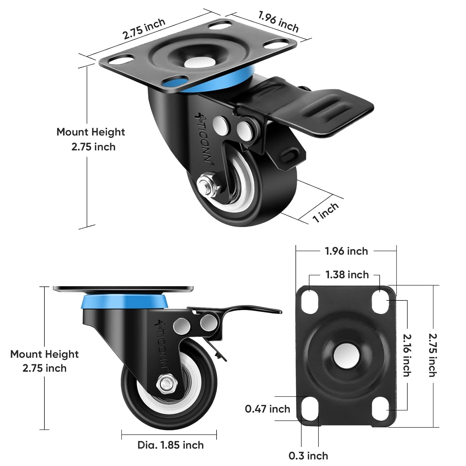 TICONN 2'' Swivel Caster Wheels Set of 4, with 4 Safety Brakes, Poly Wheels No Noise Non-Marking, Heavy Duty Plate Casters Set of 4 (2''): Industrial & Scientific