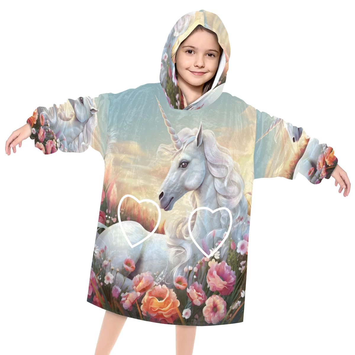 Pardick Wearable Blanket Hoodie for Kids, White Horse Fleece Sweatshirt Blanket Oversized Blanket Sweatshirt with Pocket Flannel Warm Hooded Blanket 6-10 Year Old Girl Boy Gift, One Size