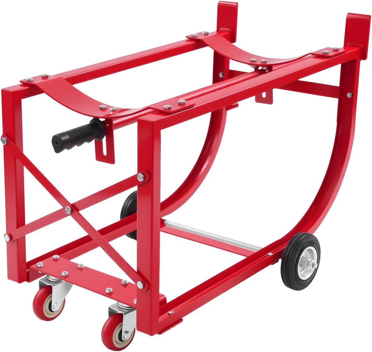 55 Gallon Drum Cradle, 600lbs Capacity Oil Drum Cart Rack with 4 Wheels and Retractable Drawbar, Steel Round Drum Handling Cradle for Workshops, Factories, Warehouses