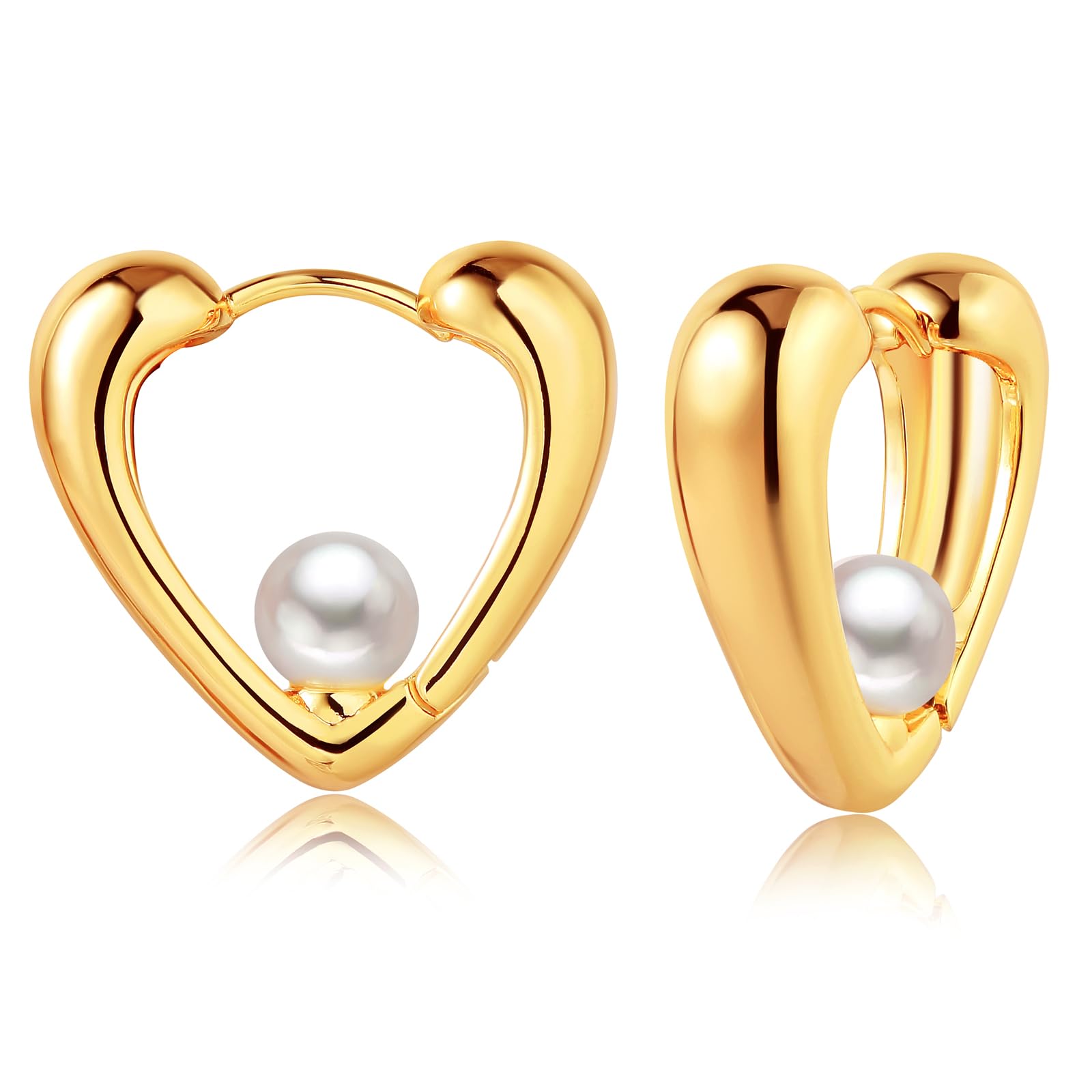 MEVECCOGold Heart Earrings for Women 18K Gold Huggie Hoop Earrings Dainty Pearl Heart Earrings Handmade Hypoallergenic Ear Jewelry Gifts