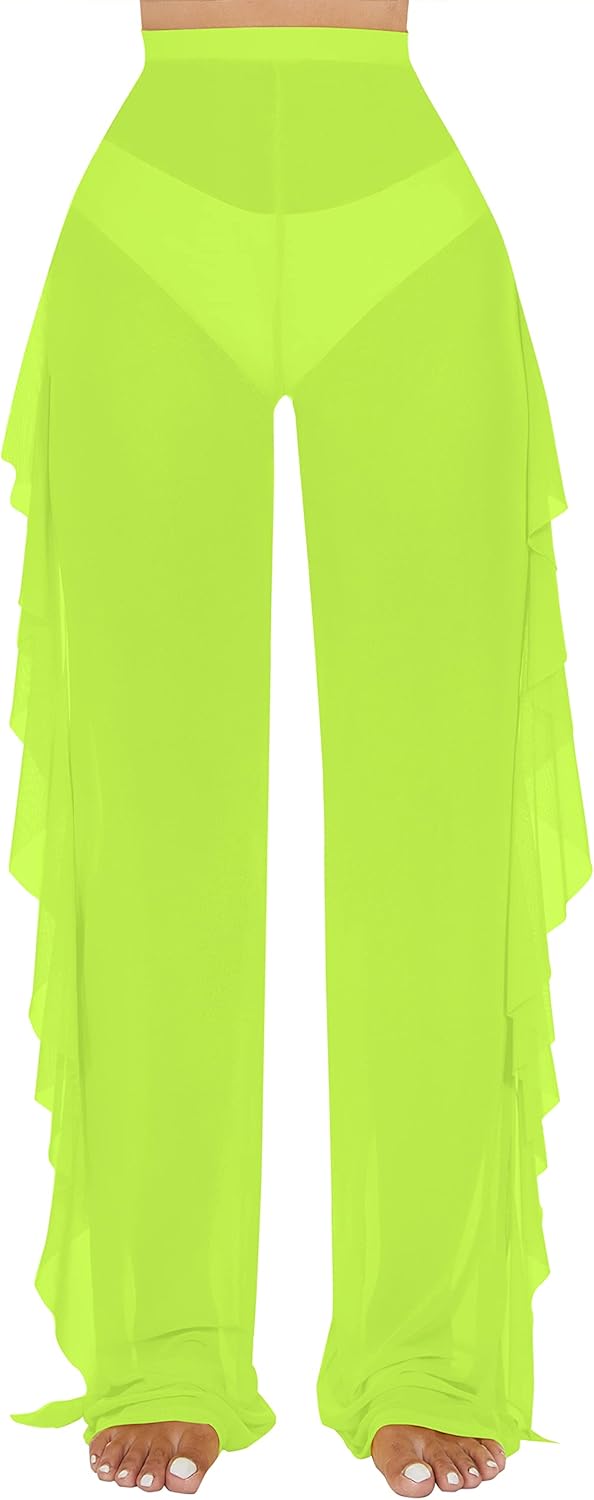 Jumppmile Women's Ruffle Sheer Mesh Swimwear Bikini Cover Up Pants See Through