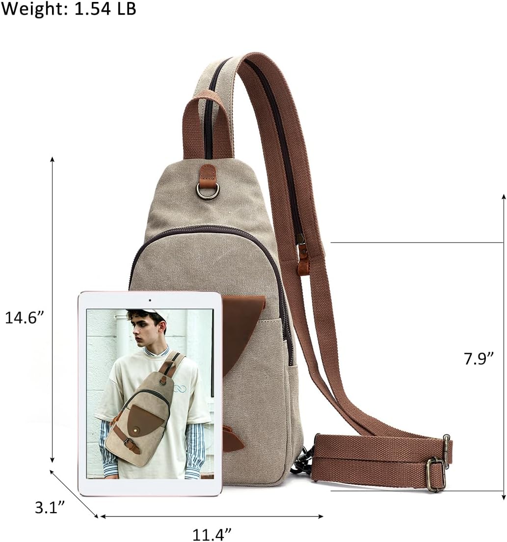 KL928 Canvas Sling Bag Crossbody Backpack Shoulder Casual Rucksack for Men Women,Khaki - Image 2