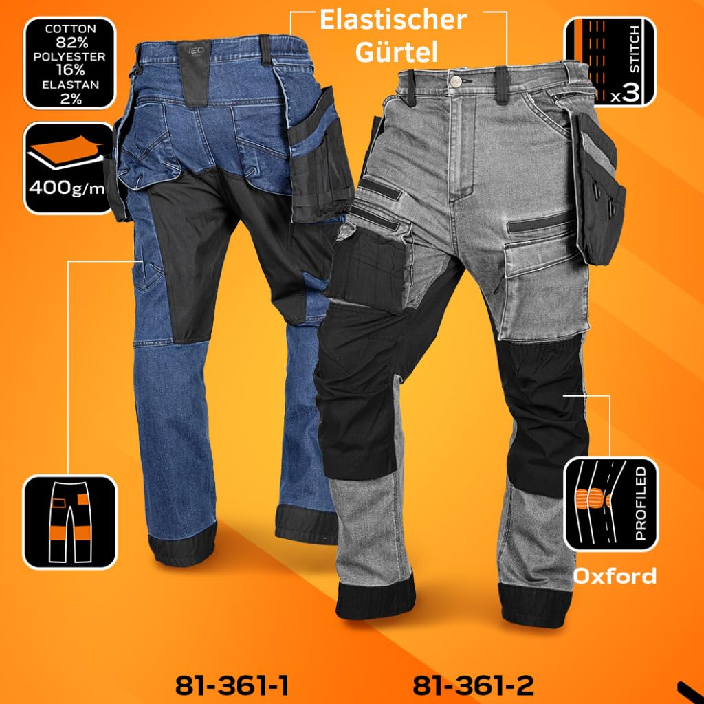 NEO TOOLS Robuste Jeans Arbeitshose, Strapazierfähige Bundhose für Herren | Aus Denim, 400 g/m² mit Kniepolstertaschen, Cordura-Verstärkungen & Stretch-Anteil