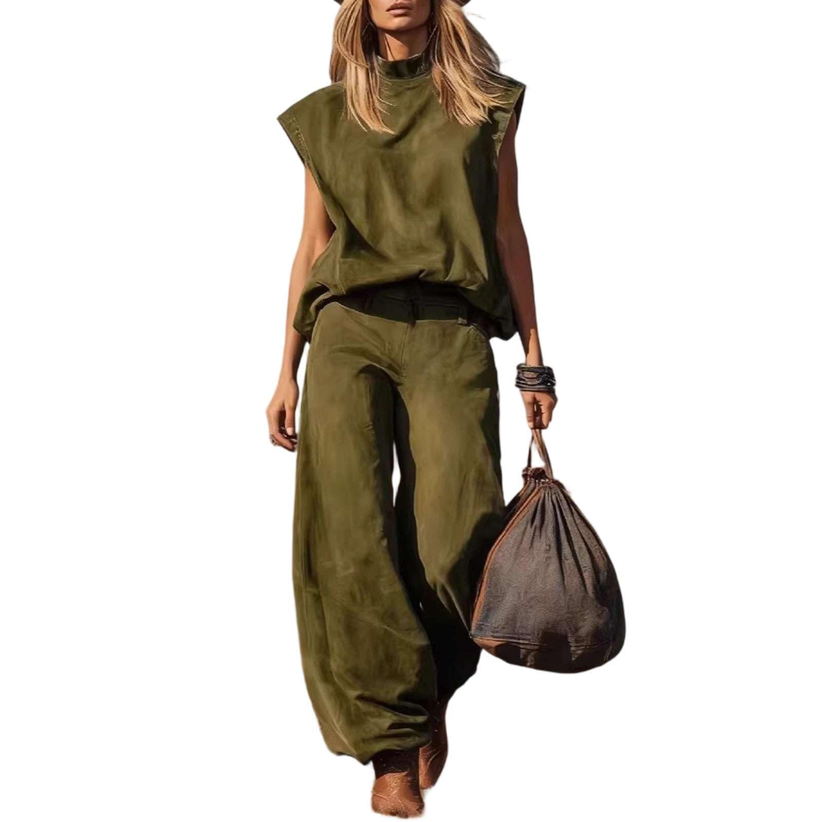 Zweiteiler Damen Wildleder Ärmellos Top und Weite Hose 2 Teilig Set Elegant Sommer Stehkragen Hosenanzug Western Vintage Freizeitanzug Modern Outfit Locker Freizeitanzug Frühlings Komplett